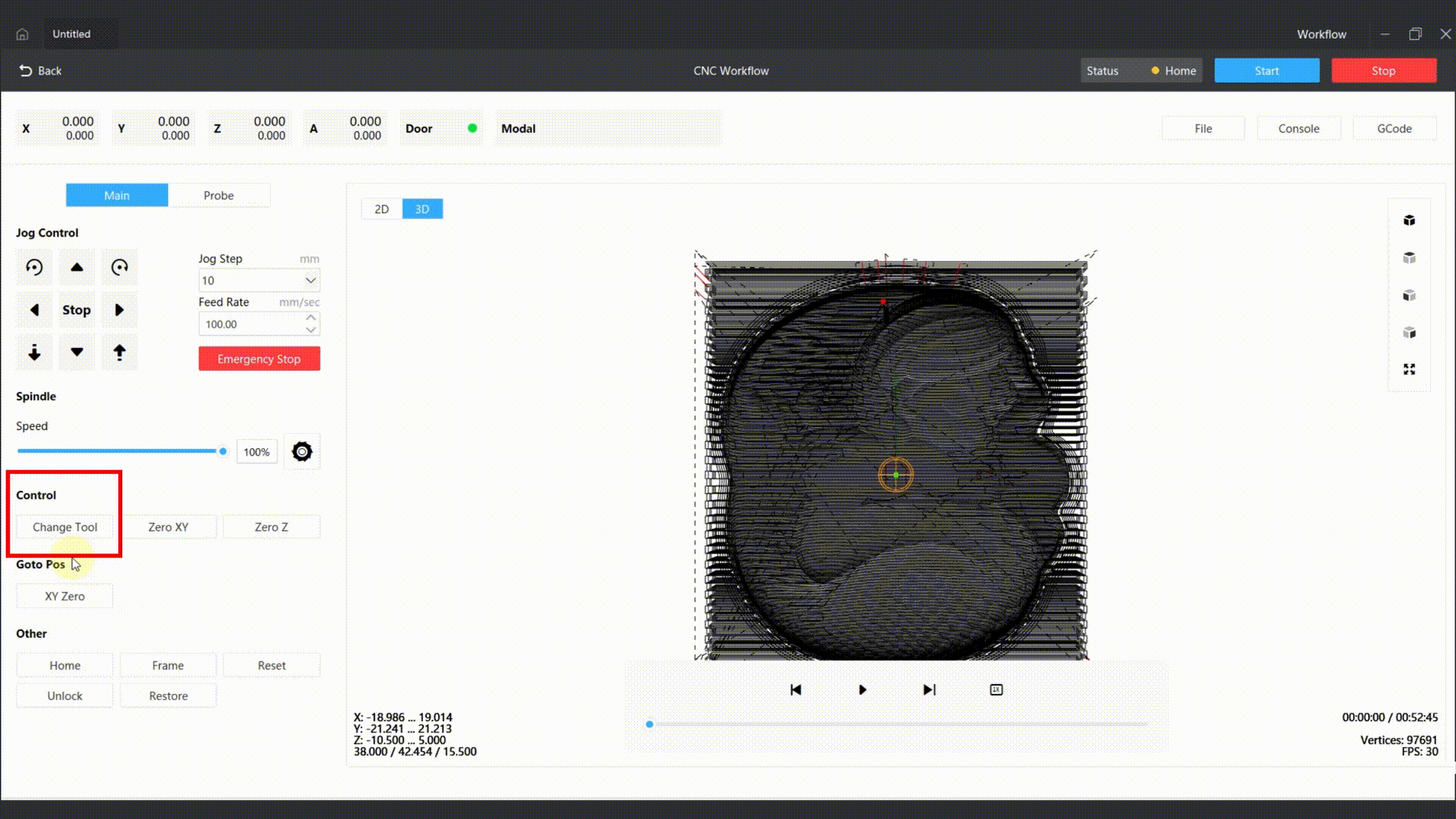Click tool change button in software